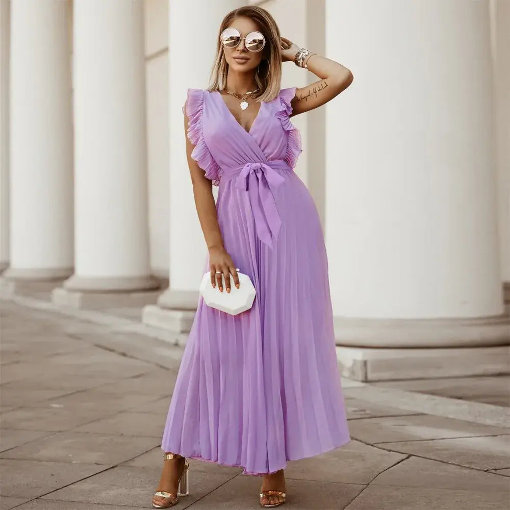 Lavender ruffle maxi dress with wrap V-neck and ruffled sleeves