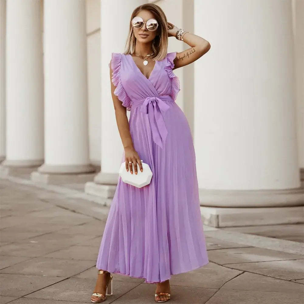 Lavender ruffle maxi dress with wrap V-neck and ruffled sleeves