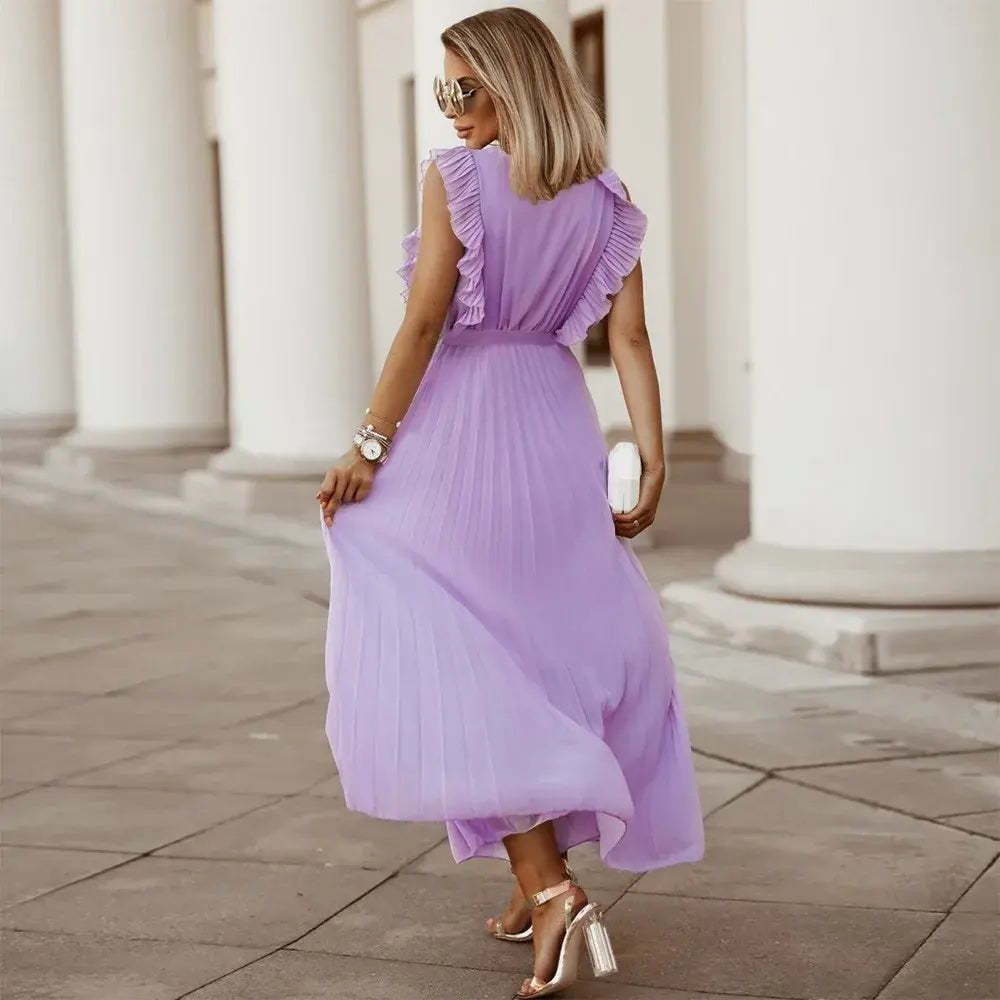 Back view lavender maxi dress with flowing pleated fabric
