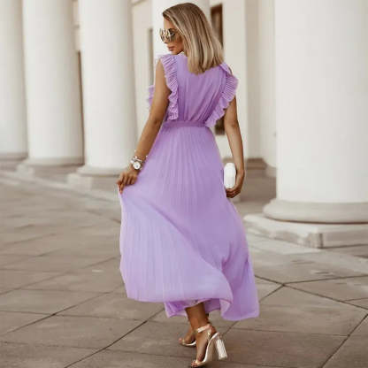 Back view lavender maxi dress with flowing pleated fabric