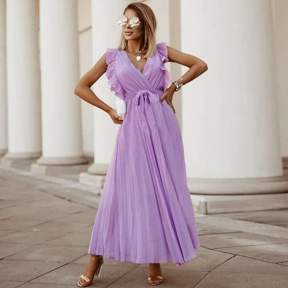 Lilac ruffle maxi dress with V-neckline and ruffled shoulder detail