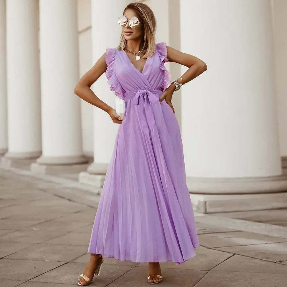 Lilac ruffle maxi dress with V-neckline and ruffled shoulder detail