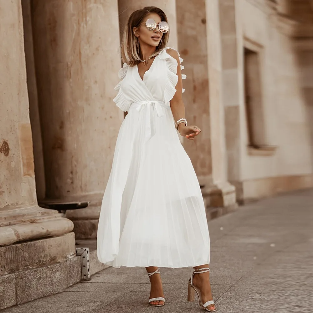 White pleated maxi dress with ruffled sleeveless armholes