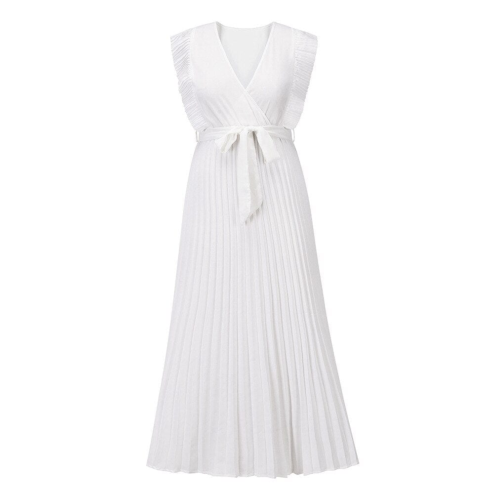 White wrap maxi dress with textured ruffle shoulders and tie waist