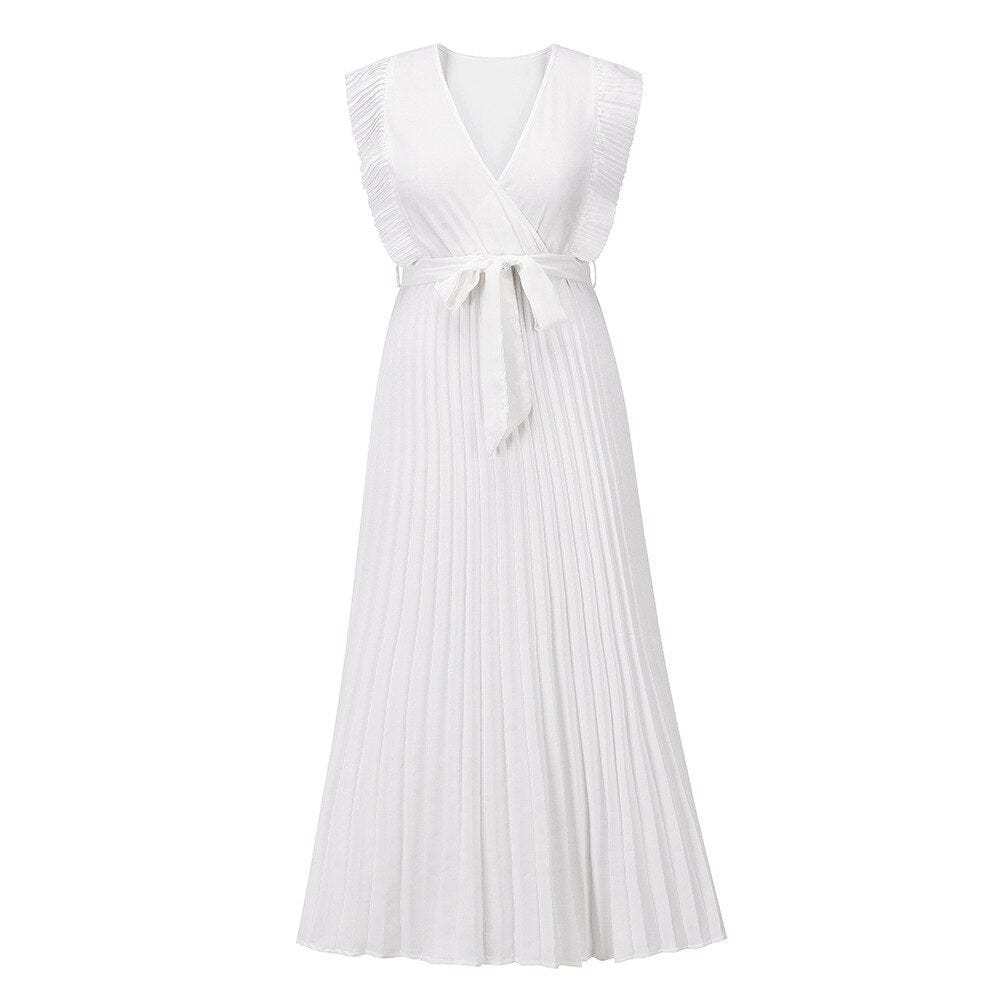 White wrap maxi dress with textured ruffle shoulders and tie waist
