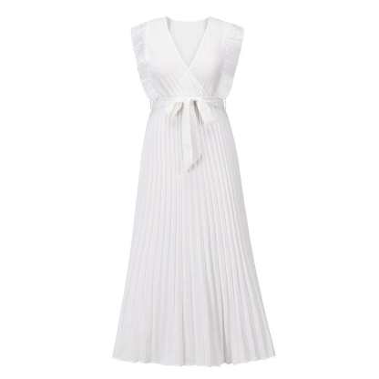 White wrap maxi dress with textured ruffle shoulders and tie waist