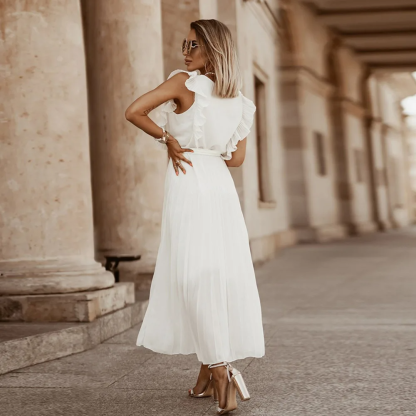 White pleated maxi dress back view showing ruffle armholes