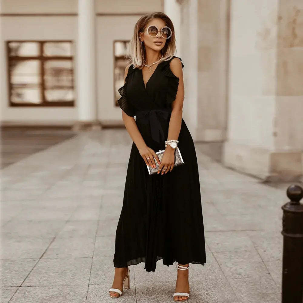 Black ruffle maxi dress with v-neckline and pleated skirt