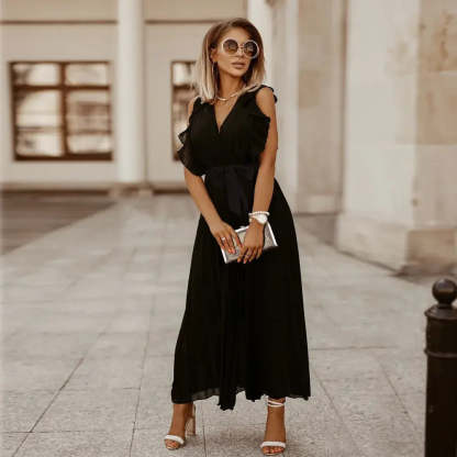 Black ruffle maxi dress with v-neckline and pleated skirt
