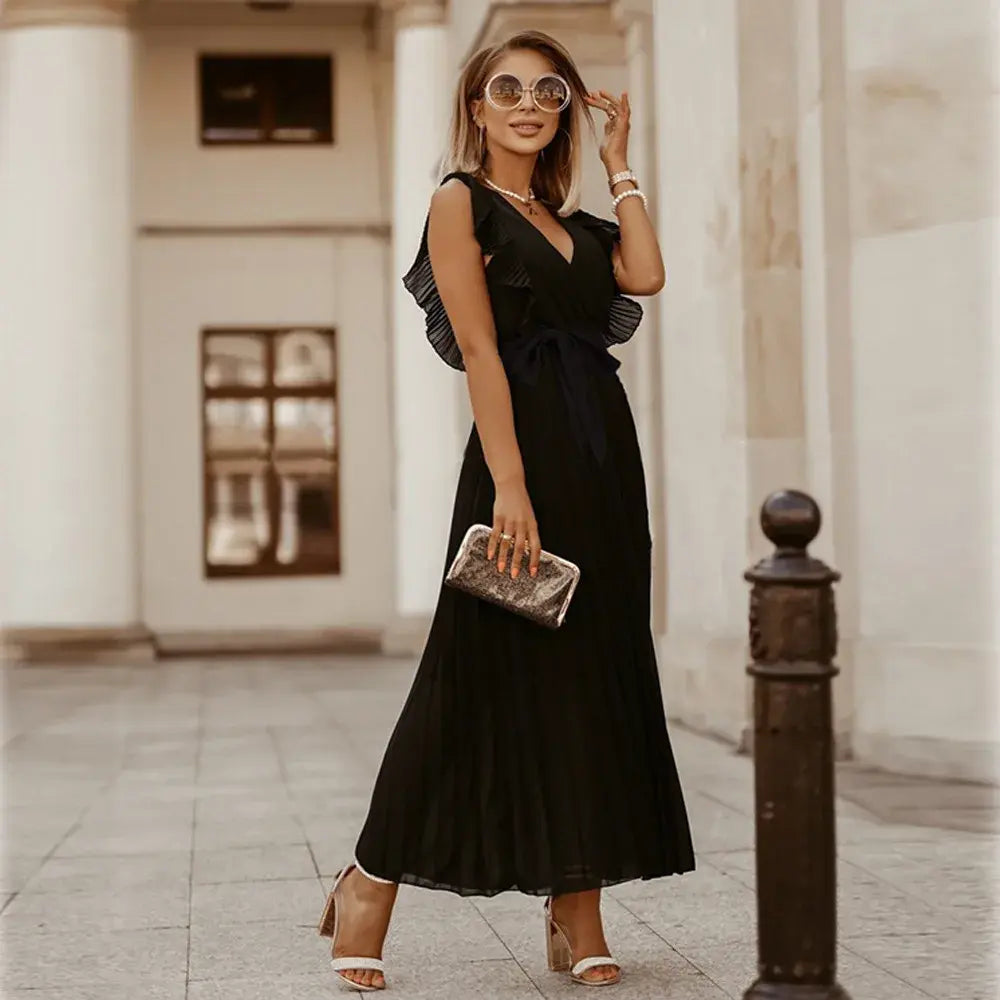 Black pleated maxi dress with ruffled sleeveless shoulders