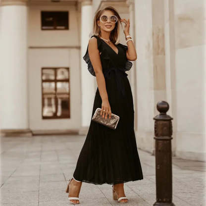 Black pleated maxi dress with ruffled sleeveless shoulders