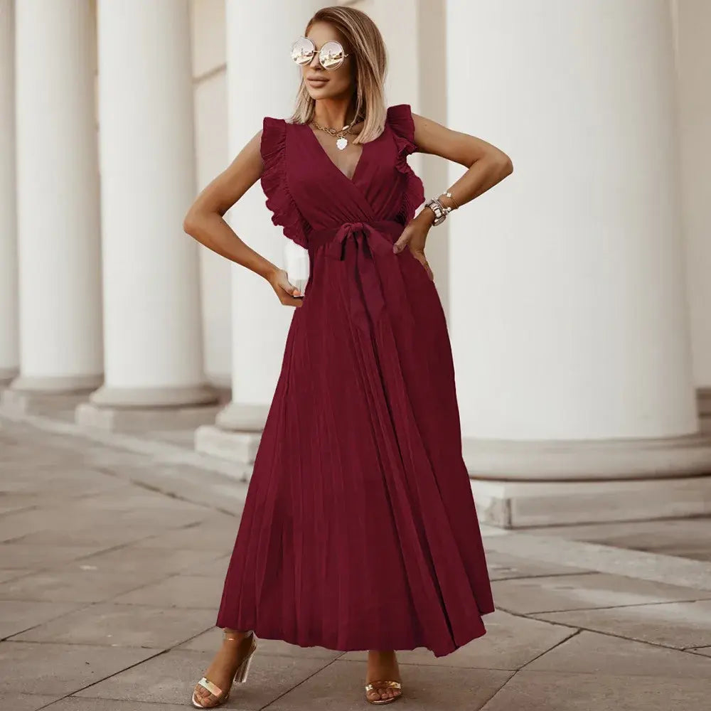 Burgundy ruffle maxi dress with wrap neckline and pleated hem