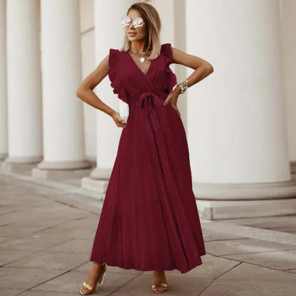 Burgundy ruffle maxi dress with wrap neckline and pleated hem