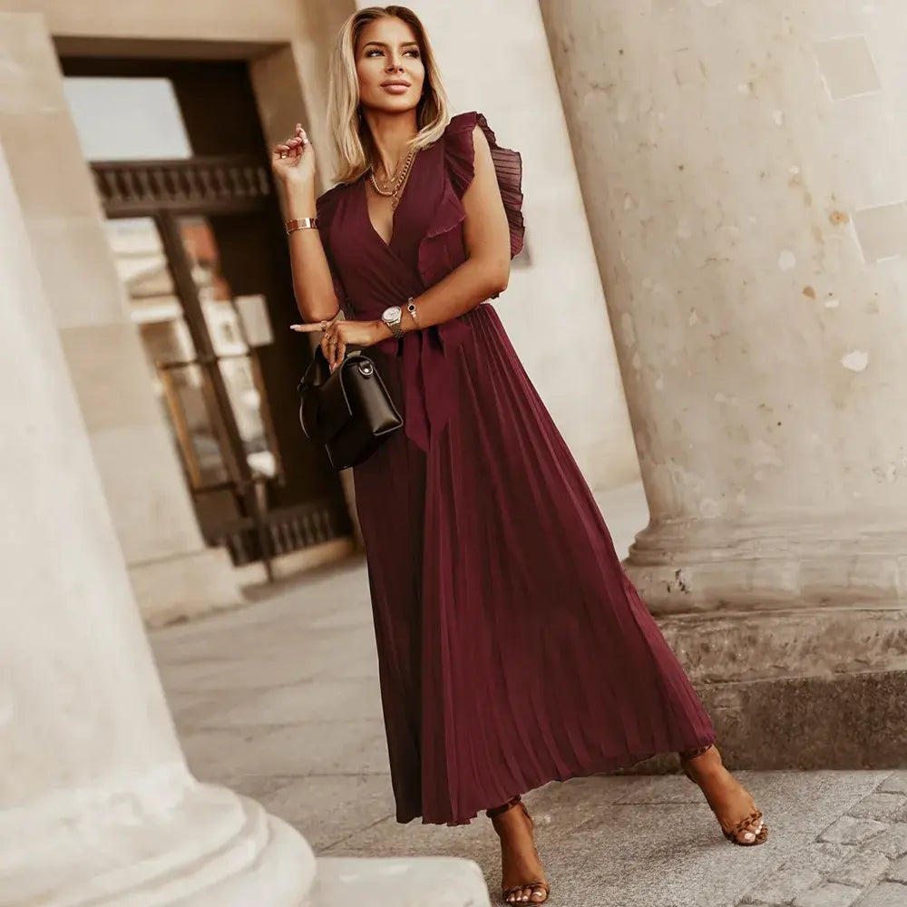 Burgundy pleated maxi dress with ruffled cap sleeves