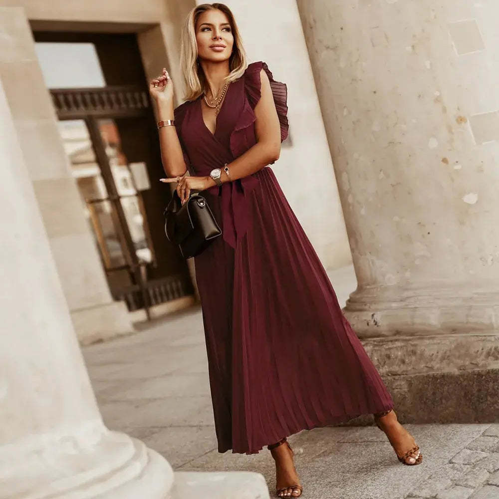 Burgundy pleated maxi dress with ruffled cap sleeves