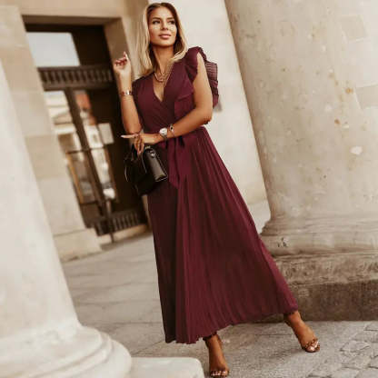 Burgundy pleated maxi dress with ruffled cap sleeves