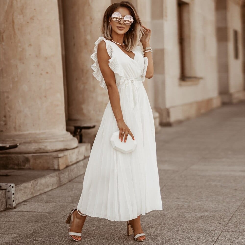 White ruffle maxi dress with v-neckline and pleated skirt