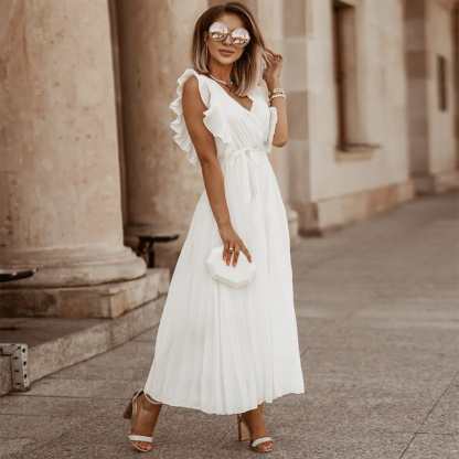 White ruffle maxi dress with v-neckline and pleated skirt
