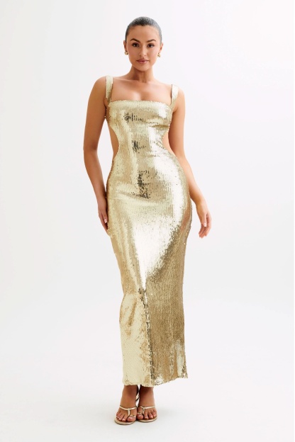 Champagne gold sequin maxi dress with square neckline