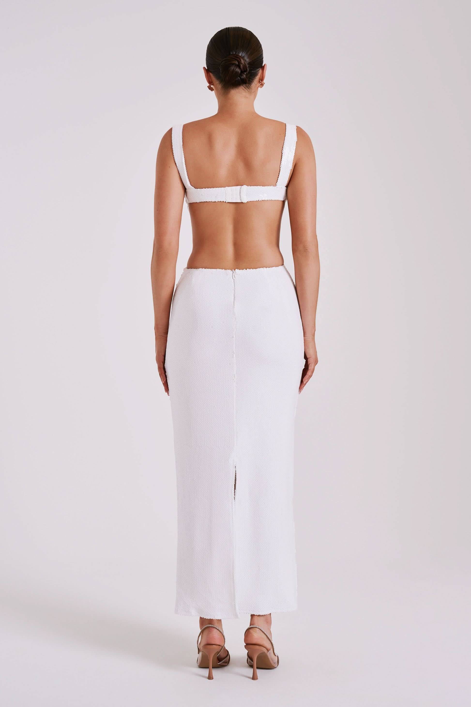White ribbed maxi dress back view with open back detail