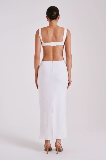 White ribbed maxi dress back view with open back detail