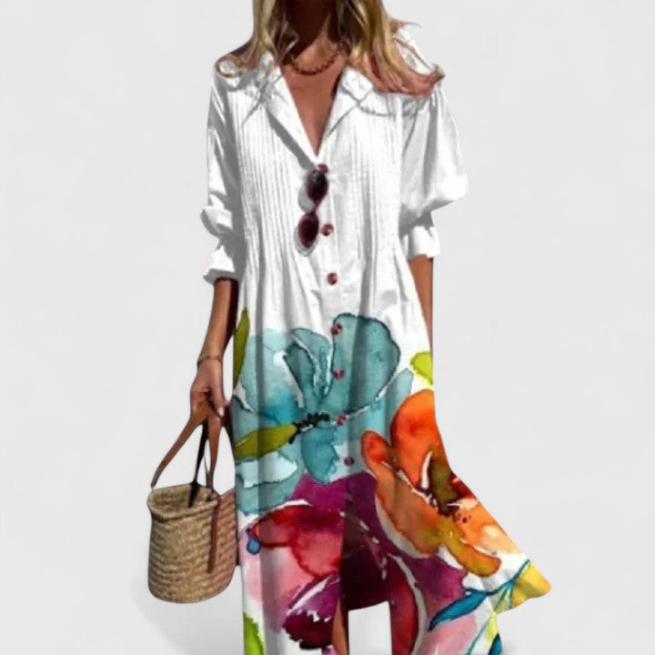 White maxi dress with colorful watercolor florals and button front closure