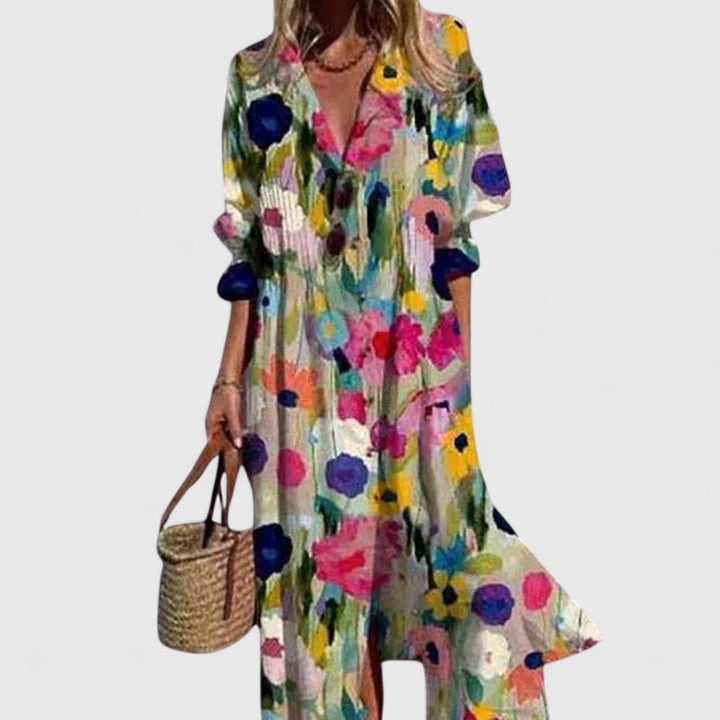 Cream maxi dress with vibrant multicolor floral blooms and collar neckline