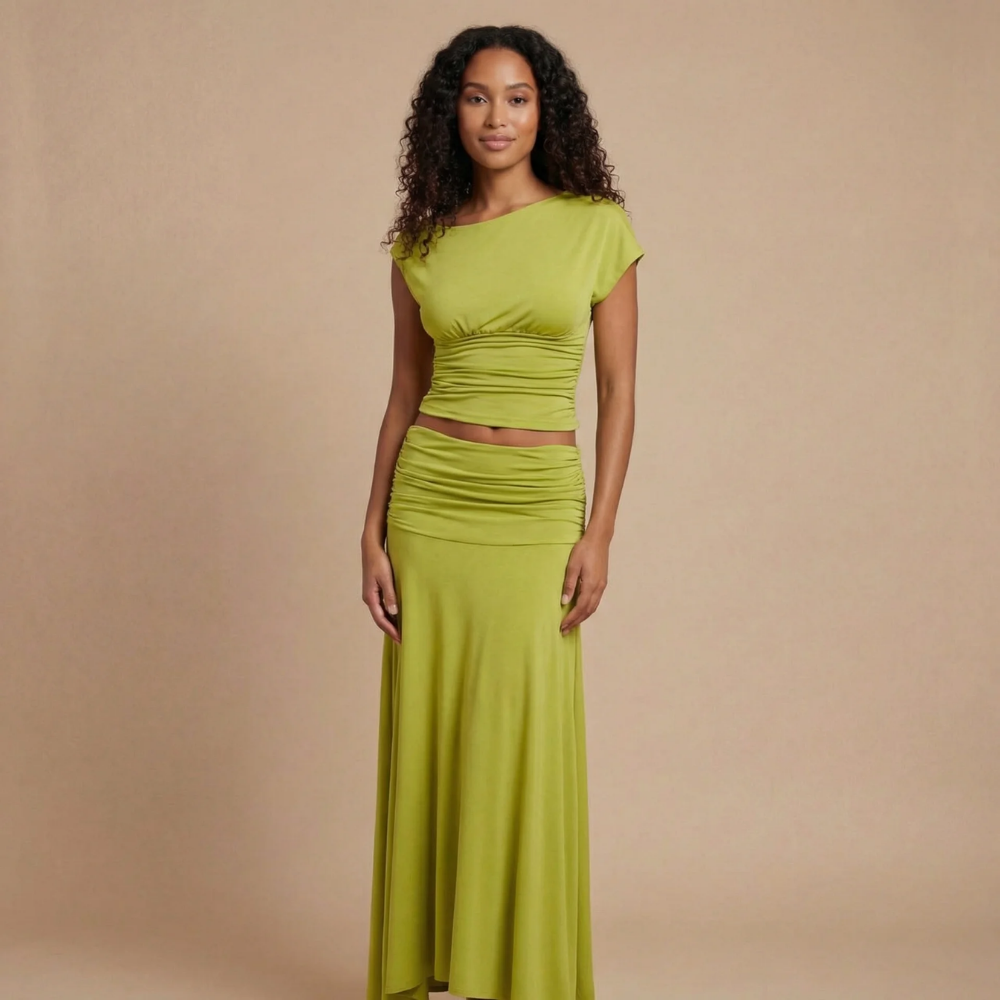 Lime green ruched crop top and maxi skirt two-piece set for women