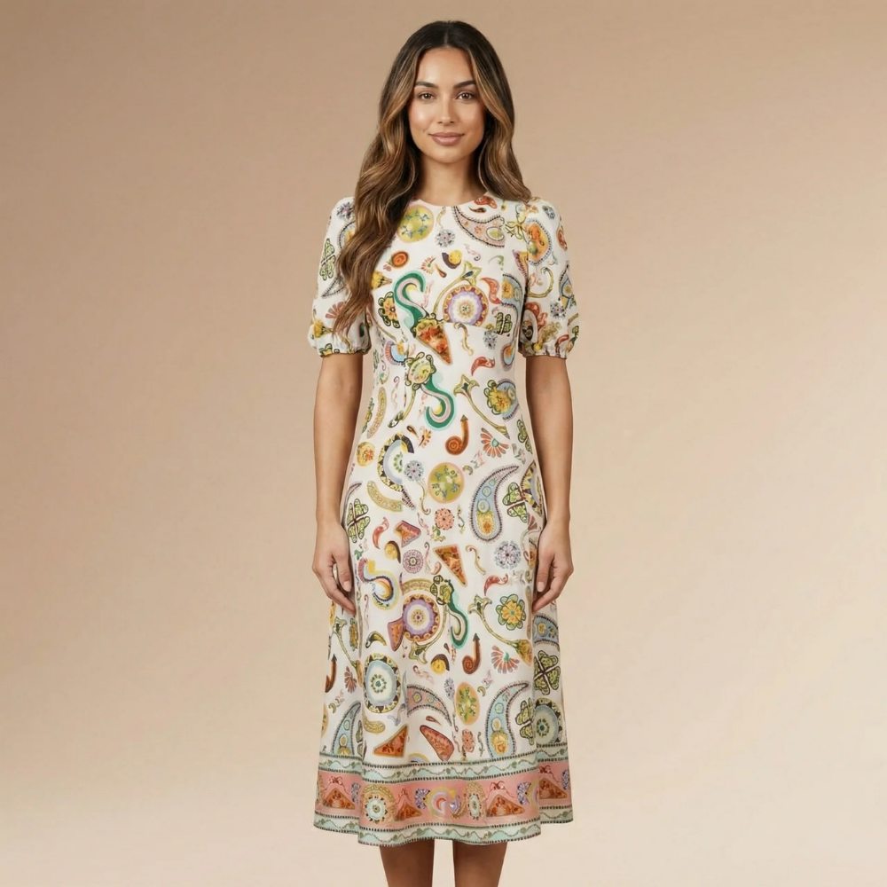 Cream multicolor paisley midi dress with puffed short sleeves and ornamental border hem for women