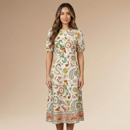 Cream multicolor paisley midi dress with puffed short sleeves and ornamental border hem for women