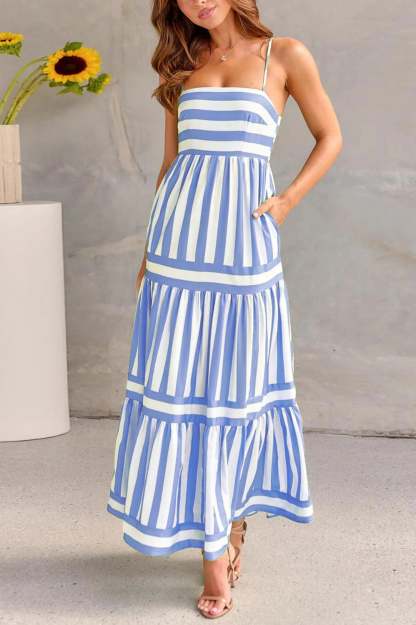 Blue striped spaghetti strap maxi dress with functional pockets and tiered design
