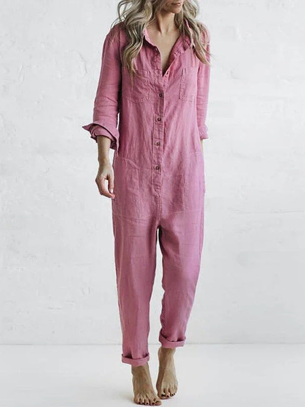 Mauve pink linen button jumpsuit with collar and rolled sleeves