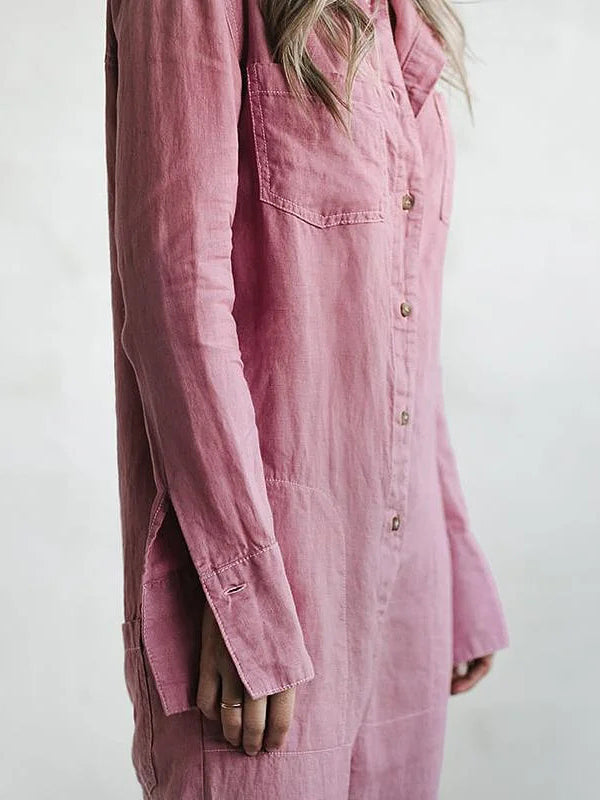 Back view of mauve pink linen jumpsuit with rolled cuffs