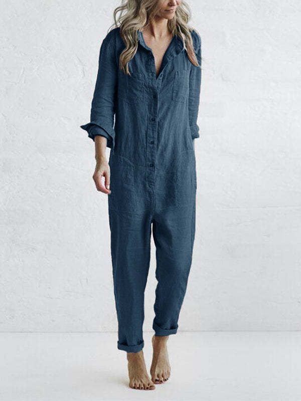 Indigo blue linen button jumpsuit with collar and rolled ankle cuffs