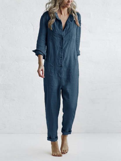 Indigo blue linen button jumpsuit with collar and rolled ankle cuffs