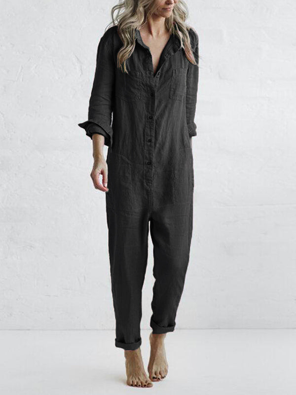 Charcoal gray linen button jumpsuit with collar and relaxed fit