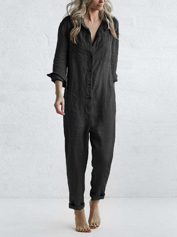 Charcoal gray linen button jumpsuit with collar and relaxed fit