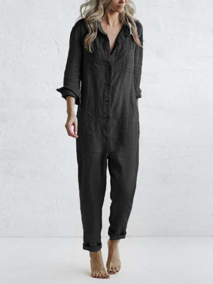 Charcoal gray linen button jumpsuit with collar and relaxed fit