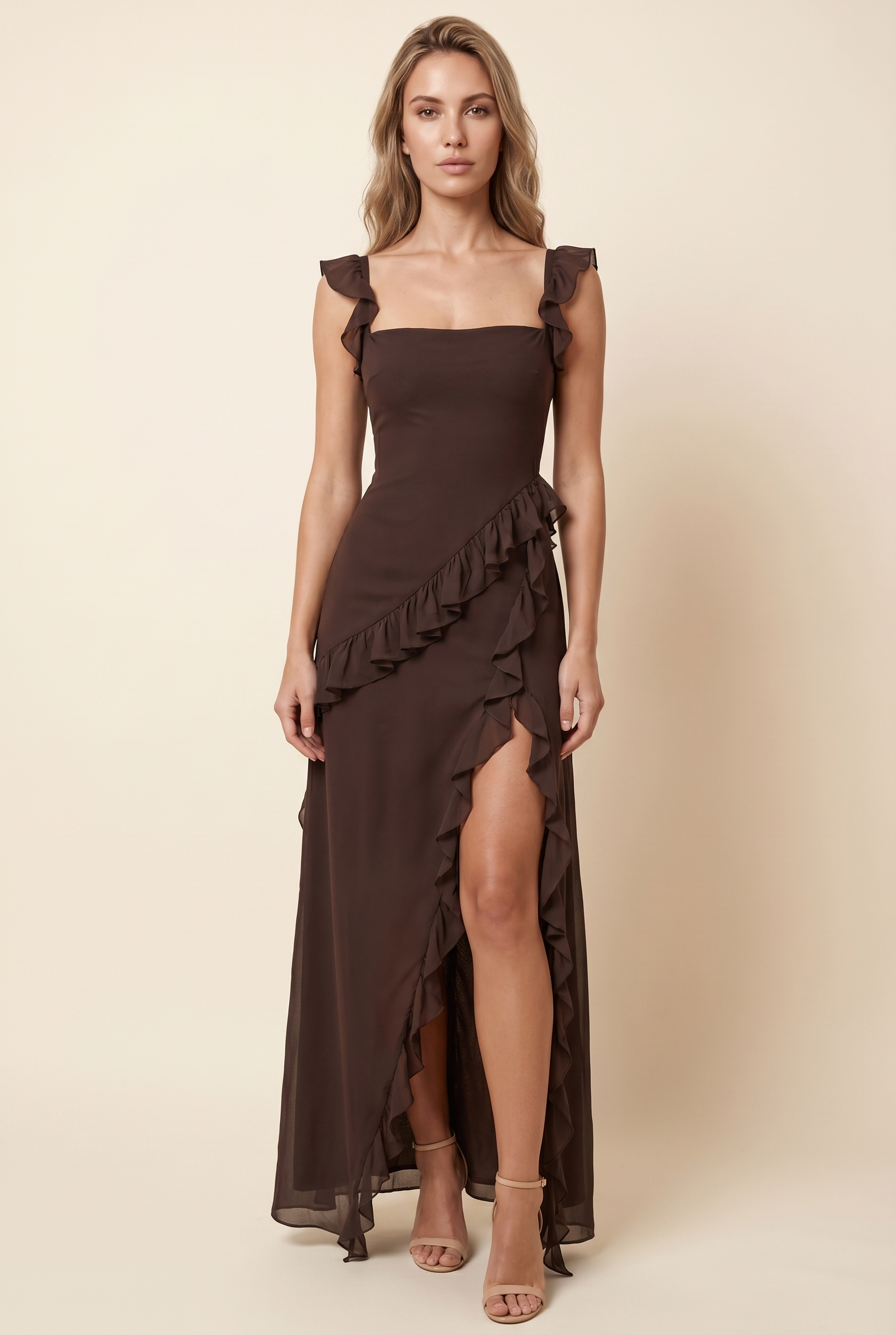Peronne Ruffle High-Slit Maxi Dress - Chocolate Brown