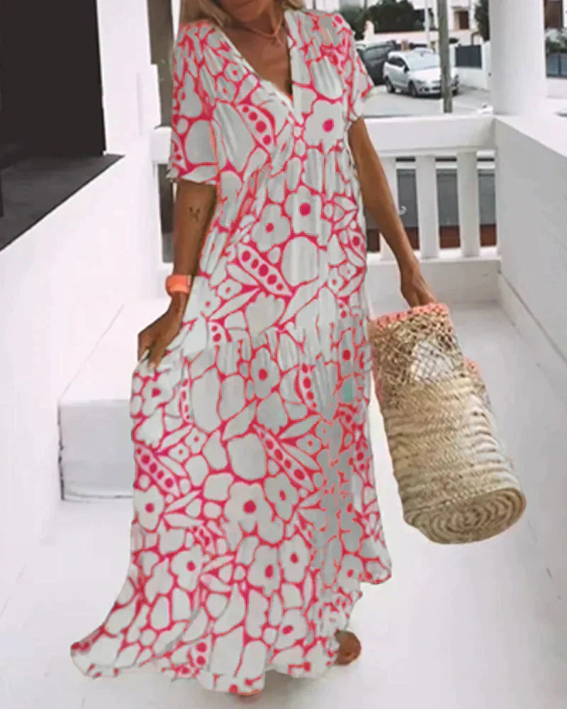 pink and cream floral maxi dress with abstract leaf pattern