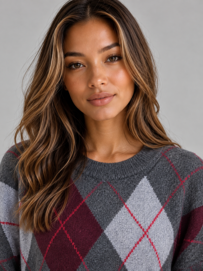 Rachael Contrast Argyle Sweater - Gray Argyle
