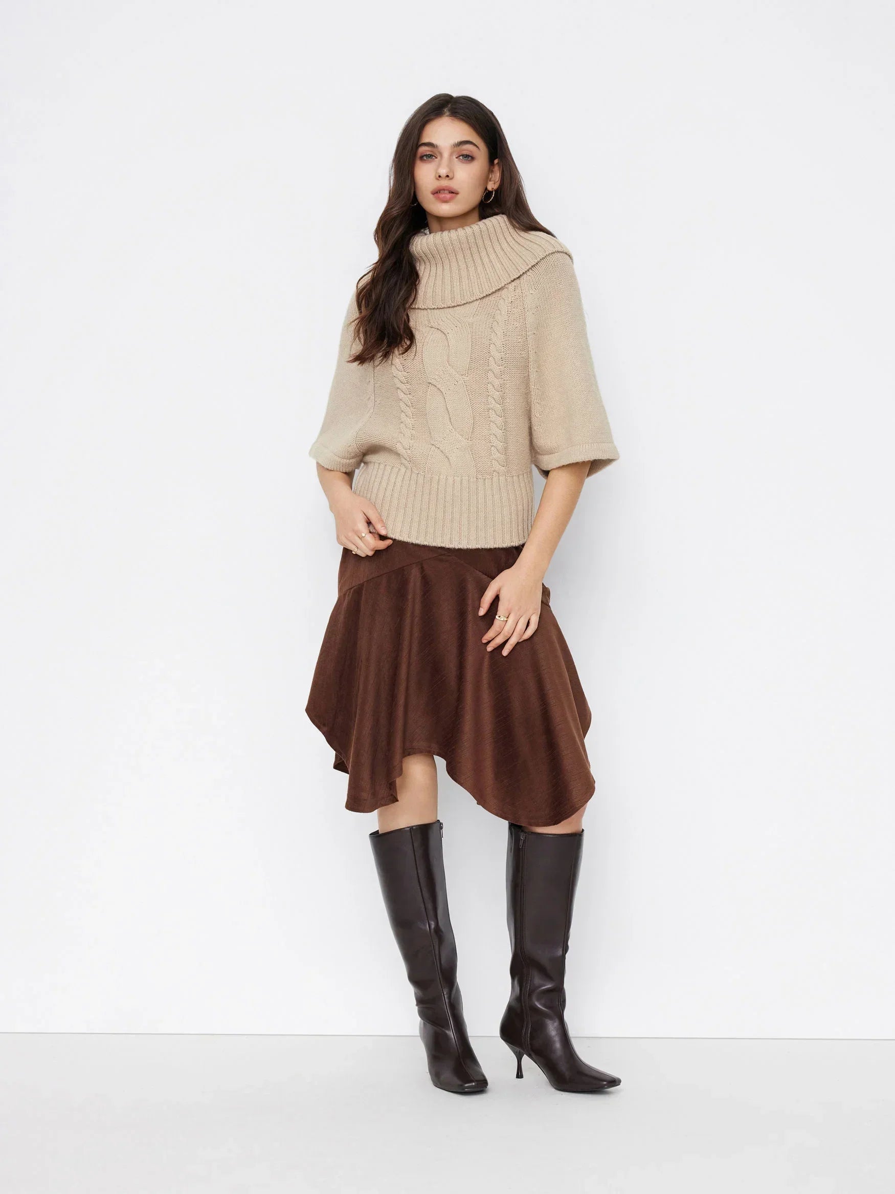 Raelyn Wide Neck Cable Knit Sweater - Khaki