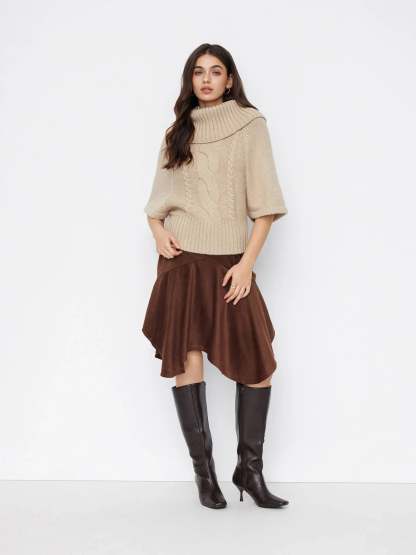Raelyn Wide Neck Cable Knit Sweater - Khaki