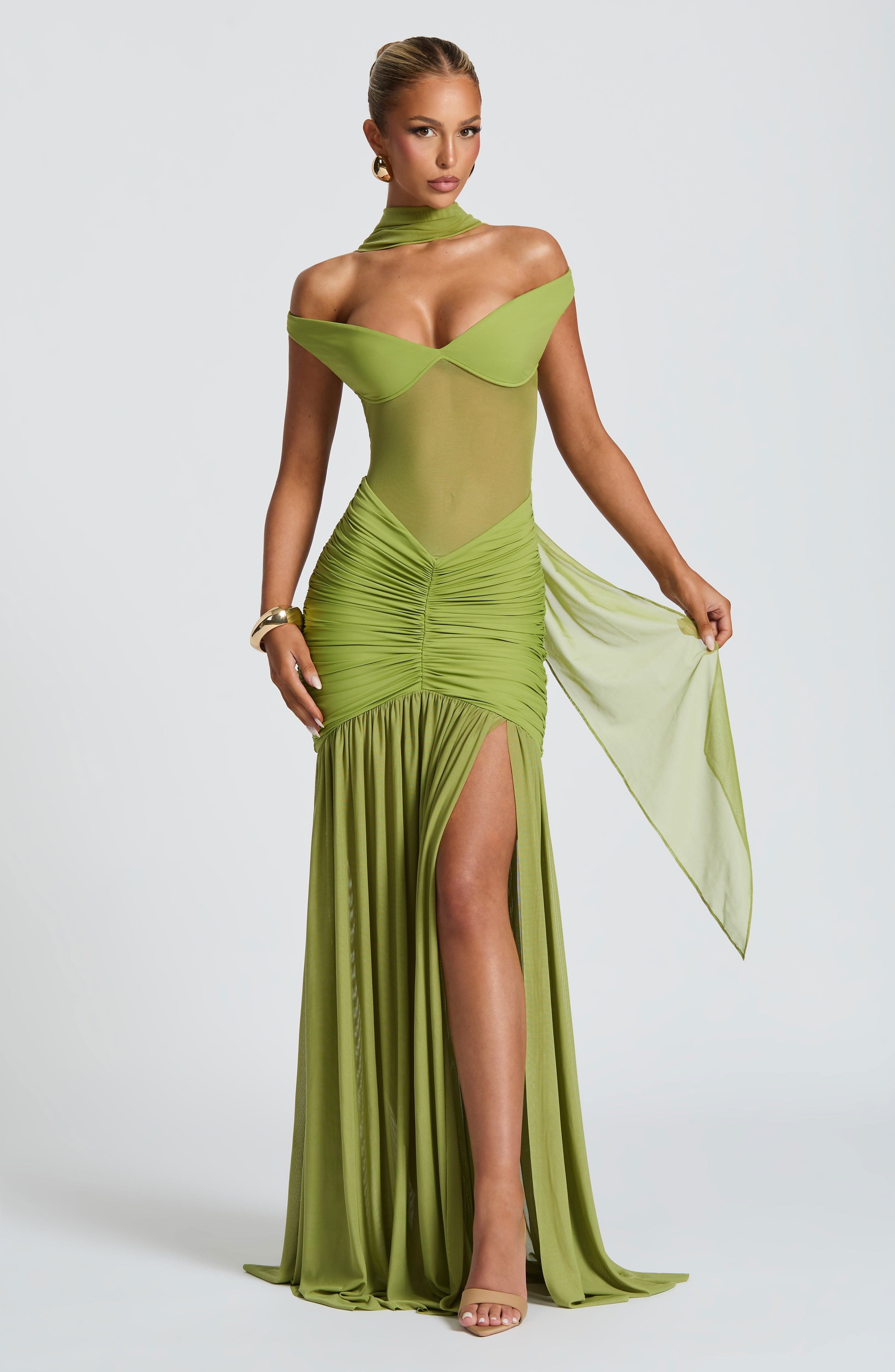 Lime green off-shoulder ruched maxi dress with high slit and flowing train