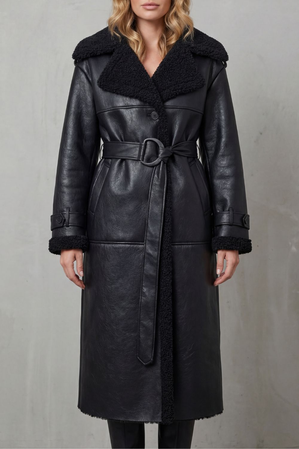 Ravienne Oversized Shearling Trim Belted Longline Aviator Coat