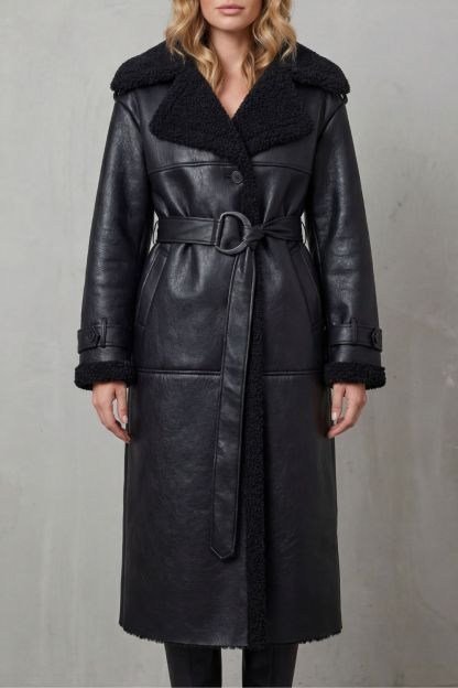 Ravienne Oversized Shearling Trim Belted Longline Aviator Coat