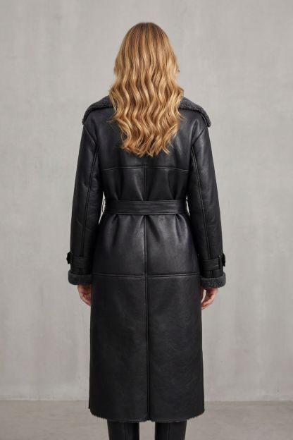 Ravienne Oversized Shearling Trim Belted Longline Aviator Coat