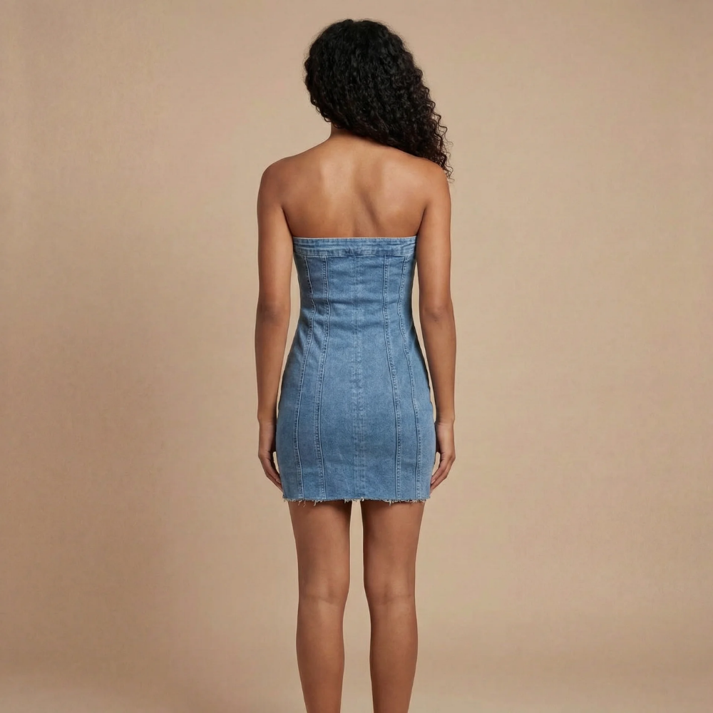 Light blue denim mini dress back view showing strapless design and vertical seam details