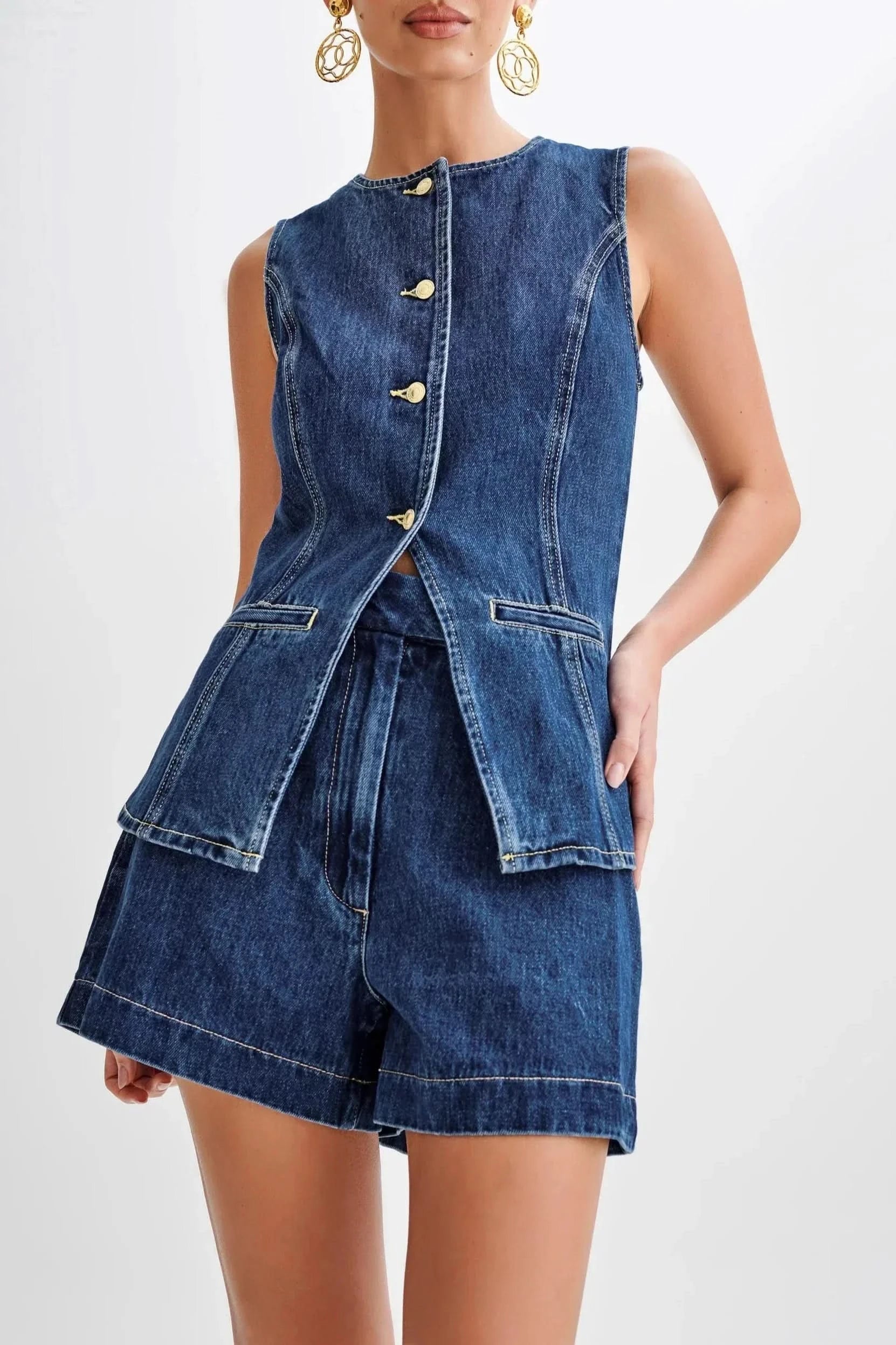 Blue denim vest with gold button front and matching shorts set