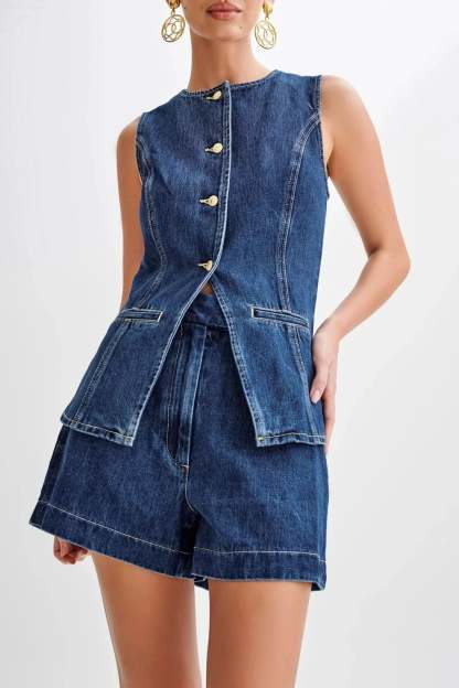 Blue denim vest with gold button front and matching shorts set